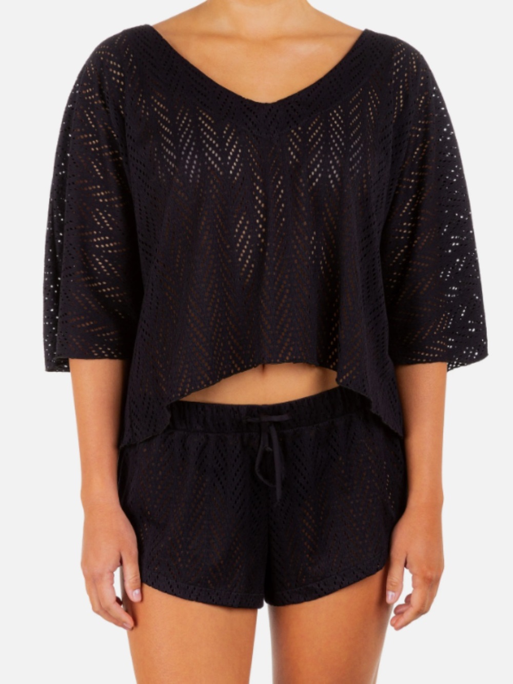 Hurley Black Crochet Crop Top & Shorts Cover Up Set
